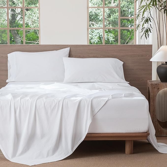 MooMee Bedding Sheet Set 100% Washed Cotton Linen Like Textured Breathable Durable Soft Comfy (Solid Bright White, Full)