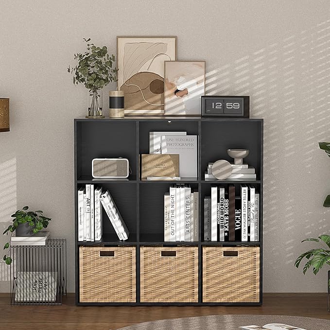 Wooden 9 Cube Storage Organizer with Closed Back Panel,Black Cube Shelf Cubby Storage Organizers with Compartments for Living,Bookshelf,Organizers Easy to Install (Black, 9 Cube)