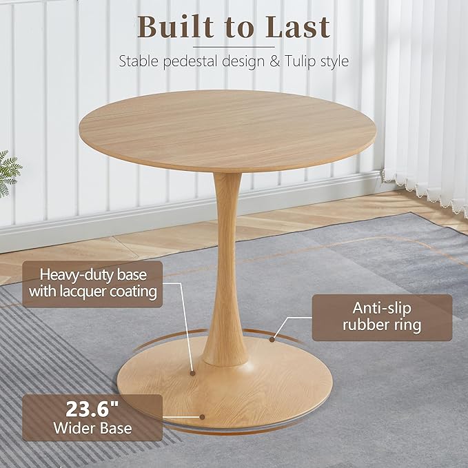 31.5 Inch Round Dining Table,Mid-Century Tulip Table with Metal Pedestal Base,Modern Leisure Table for Small Space Kitchen Dining Room,Easy Assembly,Natural