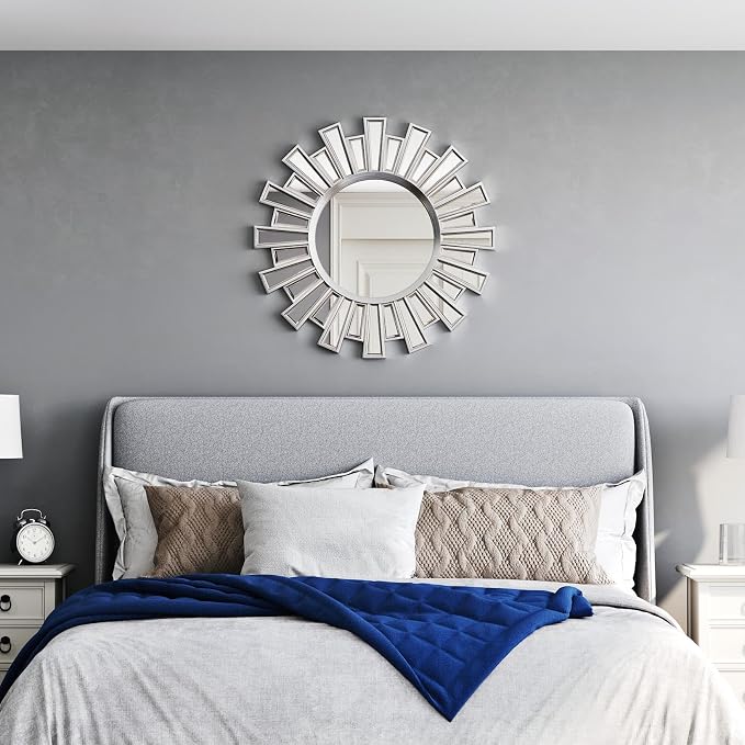 Round Mirrors for Wall Decor, 24" Sliver Sunburst Mirror,Starburst Mirror for Living Room,Hallway,Bedroom Fireplace