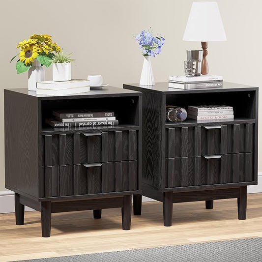 Fluted Nightstand Set of 2, 19" Wide Night Stand with Solid Wood Legs, Open Storage Shelf, Mid Century Modern Wooden Bedside Table for Bedroom, Bed End Side Table, Black