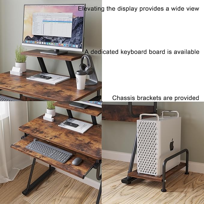 TigerDad Gaming/Computer Desk, Home Office Small Desk with Monitor Stand, Rustic Writing Desk, Dismountable Computer Tower Stand, Adjustable Storage Space, Modern Design Corner Table