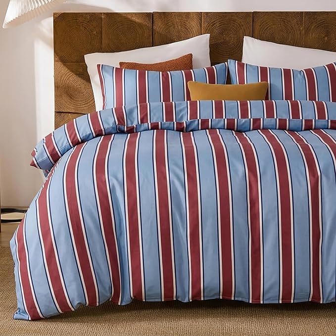 Merryword Burgundy and Blue Striped Duvet Cover Set Queen Size, 100% Cotton Bedding Set with Zipper Closure & 8 Corner Ties, Awning Stripe Bedding, Soft Breathable Comforter Cover for All Seasons