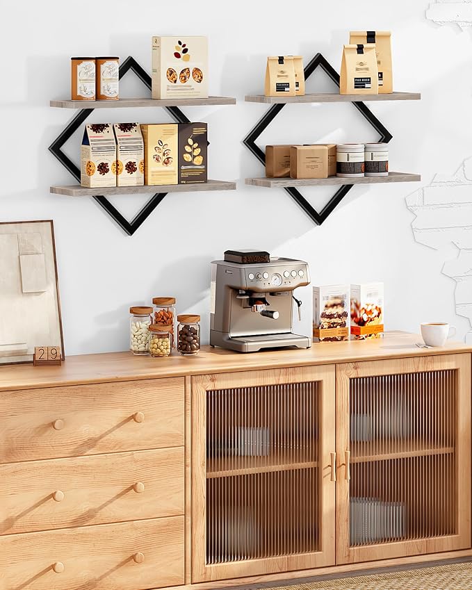 CHOEZON Floating Shelves for Wall, Set of 2 Wall Mounted Shelves, 2-Tier Hanging Shelves, for Living Room, Bedroom, Kitchen, Office, Study, Greige TBJ01P2BG