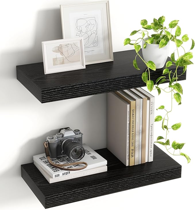 16 Inch Floating Shelves, 8 Inch Deep Floating Shelves for Wall, Hanging Shelf with Invisible Brackets, Deep Shelves for Bathroom, Bedroom, Living Room, Black, Set of 2