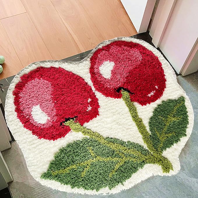 UKELER Cute Cherry Bathroom Rug for Kids Non Slip Absorbent Bath Mat Washable Shaggy Bedroom Decor Plush Bath Rug for Shower 23.6''x19.7''