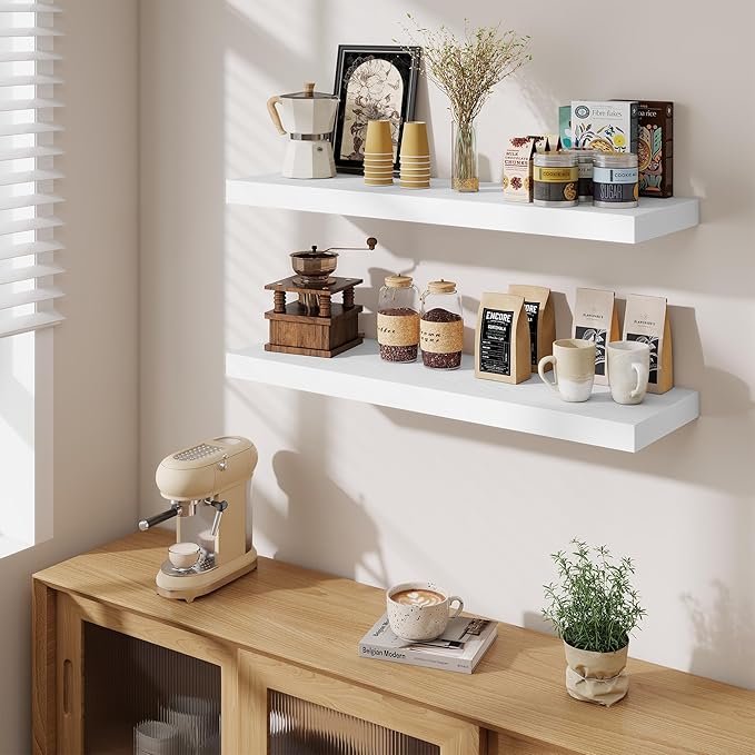 Fun Memories Floating Shelves Set of 2, 36 Inch Long Wooden Wall Shelves, 10 Inch Deep Wall Mounted Storage Shelf with Metal Brackets for Living Room, Bathroom, Bedroom and Kitchen, White