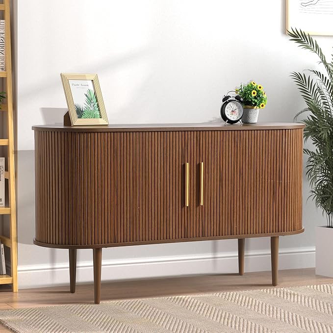 Grepatio Sideboard Buffet Cabinet with Storage, 55" Tambour Credenza Cabinet with Fluted Slide Door and Adjustable Shelves, Wood Console Cabinets for Bedroom Living Room Hallway Entryway (Brown)