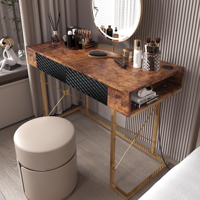Mid-Century Modern Desk, 42 Inch Home Office Desk, Makeup Vanity Dressing Table Writing Desk with 2 Storage Drawers, Metal Frame, Walnut & Gold