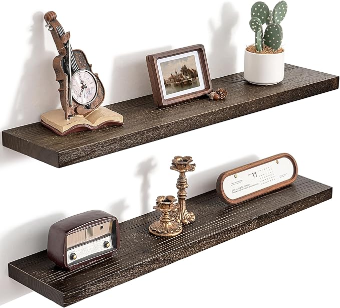 36 Inch Floating Shelves for Wall, 8"D High End Solid Hardwood Shelves for Decor Storage, Rustic Wall Shelves with Invisible Heavy Duty Brackets for Living Room, Kitchen, Bathroom, Walnut, 2 Pack