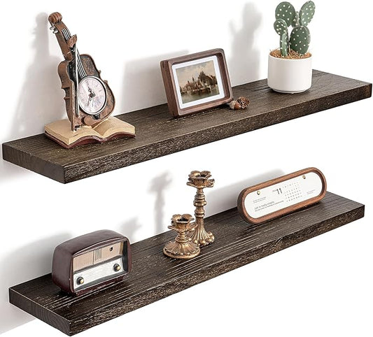 36 Inch Floating Shelves for Wall, 8"D High End Solid Hardwood Shelves for Decor Storage, Rustic Wall Shelves with Invisible Heavy Duty Brackets for Living Room, Kitchen, Bathroom, Walnut, 2 Pack