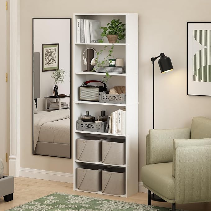 Furinno Jaya Book Shelf Set of 2, 6-Tier Bookshelf, Bookcase, 9.5 x 24.6 x 71, for Home Office, Living Room, White