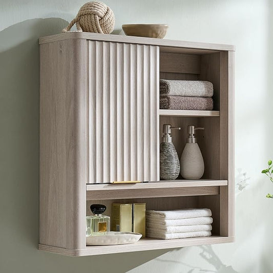 RedLemon Bathroom Wall Cabinet with Fluted Sliding Door, Modern Medicine Cabinet with Adjustable Shelf, Curved Profile Wall Mounted Storage Organizer, White Alder