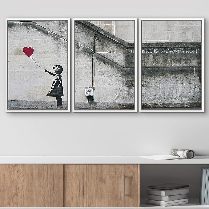 wall26 - 3 Piece Framed Canvas Wall Art - There is Always Hope - Girl and Red Heart Balloon - Street Art - Guerilla - Modern Home Art Stretched and Framed Ready to Hang - 16"x24"x3 White