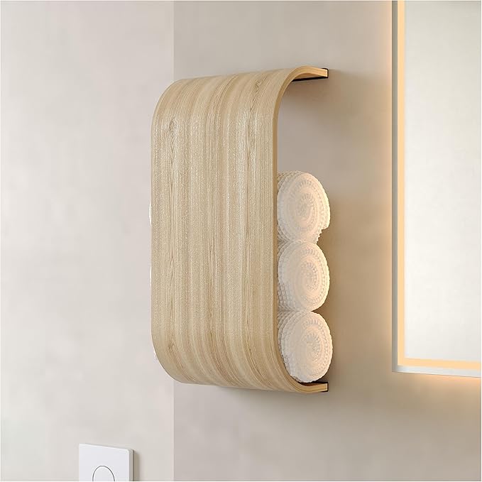 Bathroom Towel Holder, Toilet Paper Holder, Wooden Shelf, Walnut WC Roll Storage, Wall Mount Floating Rolls Rack, Unique Holders for Bathroom, TP Organizer (Ash, Wide)