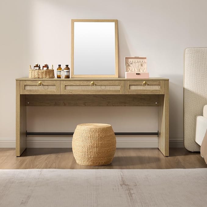SICOTAS 60" Rattan Computer Desk Writing Table with Storage: Long Home Office Desk with 3 Drawers, Farmhouse Executive Desk Console Table for Living Room, Office (Carbon Cherry, 1 Piece)