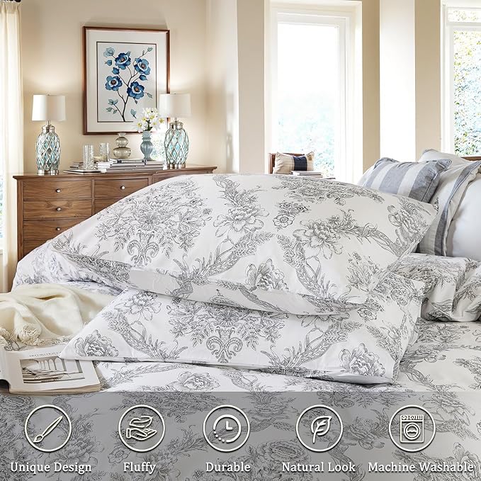 100% Cotton Duvet Cover Set King Size – Elegant Damask Print, Soft & Breathable Bedding with Zipper and Corner Ties, 3-Piece Reversible Comforter Cover Set