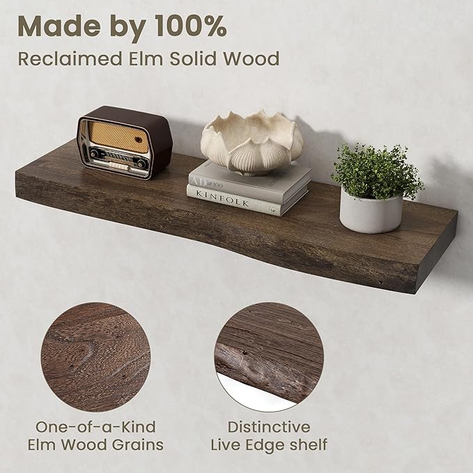 Fun Memories Floating Shelves for Wall Decor Set of 2-30 Inch Solid Elm Wood Live Edge - Rustic Walnut Wall Shelves with Invisible Brackets - for Living Room, Bedroom, Kitchen - Walnut Finish
