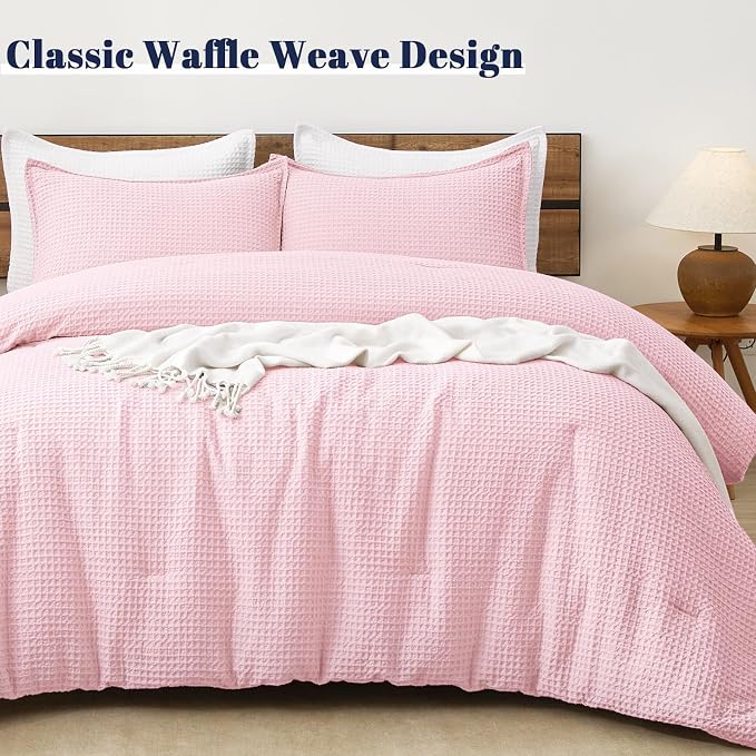 PHF Ultra Soft Waffle Weave Comforter Set King Size, 3 Pieces Lightweight Breathable Comfy Bedding Set, Comfy Textured 1 Comforter with 2 Pillow Shams, Pink