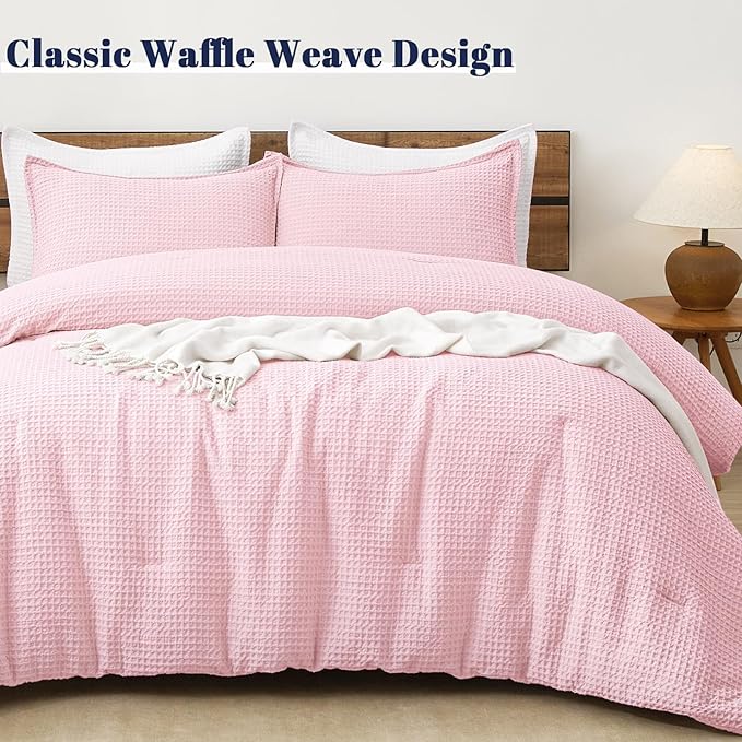 PHF Ultra Soft Waffle Weave Comforter Set Queen Size, 3 Pieces Lightweight Breathable Comfy Bedding Set, Comfy Textured 1 Comforter with 2 Pillow Shams, Pink