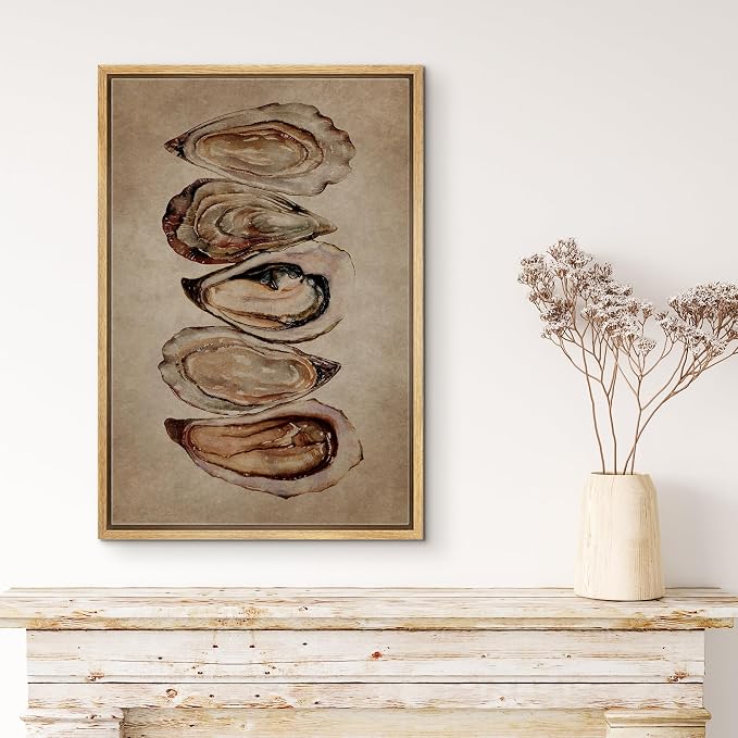 MUDECOR Framed Canvas Print Wall Art Watercolor Oyster Shells Rustic Coastal Illustrations Minimalism Decorative Bohemian Colorful Zen for Living Room, Bedroom, Office - 16"x24" NATURAL
