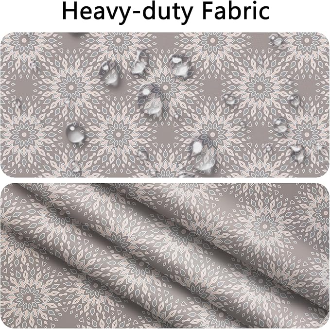 No Hook Shower Curtain with Snap in Fabric Liner Set, Waterproof Bath Curtain with Stylish Gray Floral Design, Mandala Pattern with See Through Top Window, 71x74 Inches