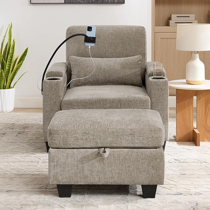 Oversized Chaise Lounge Chair Indoor, Single Convertible Recliner Reading Arm Sofa Chair W/Adjustable Backrest & Charging Port Couch Bed for Living Room, Home Theater & Bedroom, Brown