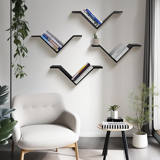 Book Shelf for Wall Set of 2, Modern Hanging Bookshelf Wall Mounted Desktop Book Shelves Black Organizer for Bedroom Livingroom Office