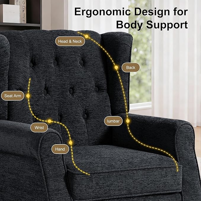 High Back Accent Chair, Accent Chair for Living Room, Button-Tufted Upholstered Fabric Armchair with Solid Wood Legs, Comfy Single Sofa Reading Chair for Bedroom,Black Blue