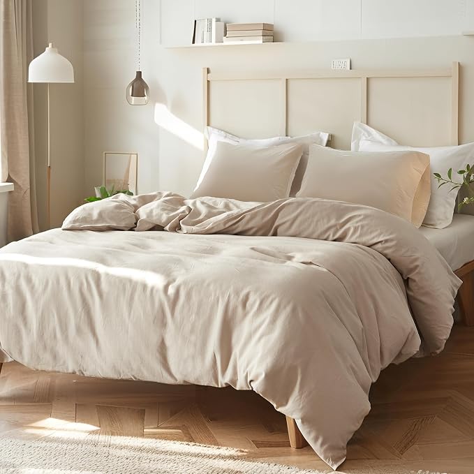 FALUCA French Linen Blend Duvet Cover Set 3Pcs Queen (88"x92") - Soft, Breathable, Cooling Farmhouse Bedding for Hot Sleeper (Queen, Linen)