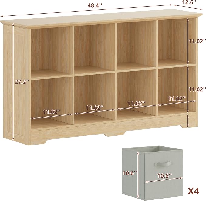 VORONOI 8 Cube Storage Organizer with 4 Fabric Drawers and Removable Shelves — Modular Cube Bookshelf for Bedroom, Living Room, or Home Office, Short Cube Bookcase for Toys, Decor,Natural Wood