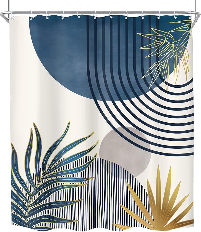 KOMLLEX Mid Century Boho Shower Curtain for Bathroom Decor Abstract Modern Sun Minimalist Aesthetic Arch Curve Leaves Geometric Navy Blue Gray Neutral Fabric Waterproof Polyester 12 Hook 60Wx72L