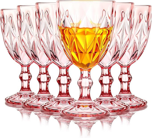 Yinder Glass Goblet Vintage Wine Goblet Embossed Glassware 10 oz Solid Color Glass Stemmed Cups for Iced Tea Beverage Soda Juice Water Liquor and Party Wedding Bars Restaurants(Pink,6 Pack)