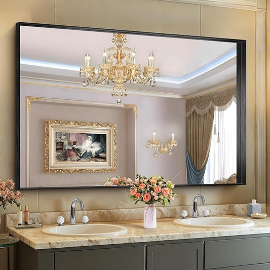 CIRCUMI Black Bathroom Mirror, 36"x55" Rectangular Mirror with Deep Metal Frame, Brushed Finish, Tempered Glass, Large Mirror for Wall, Over 2 Sinks, Installed Vertically/Horizontally, Crystal-Clear