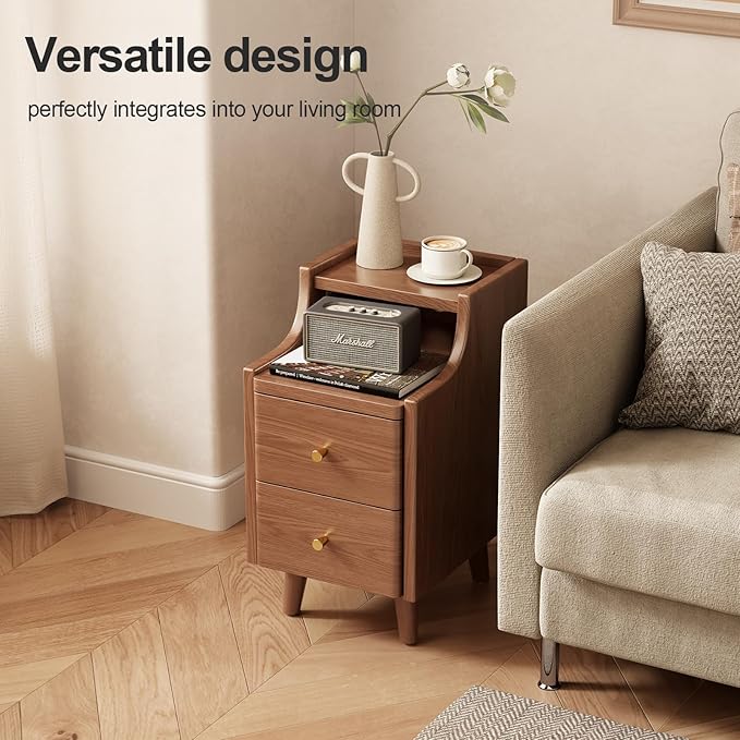 Narrow Nightstand with 2 Drawers,Walnut Nightstand,Bedside Table,Solid Wood Modern Bedside Table for Bedroom,Study,Toilet
