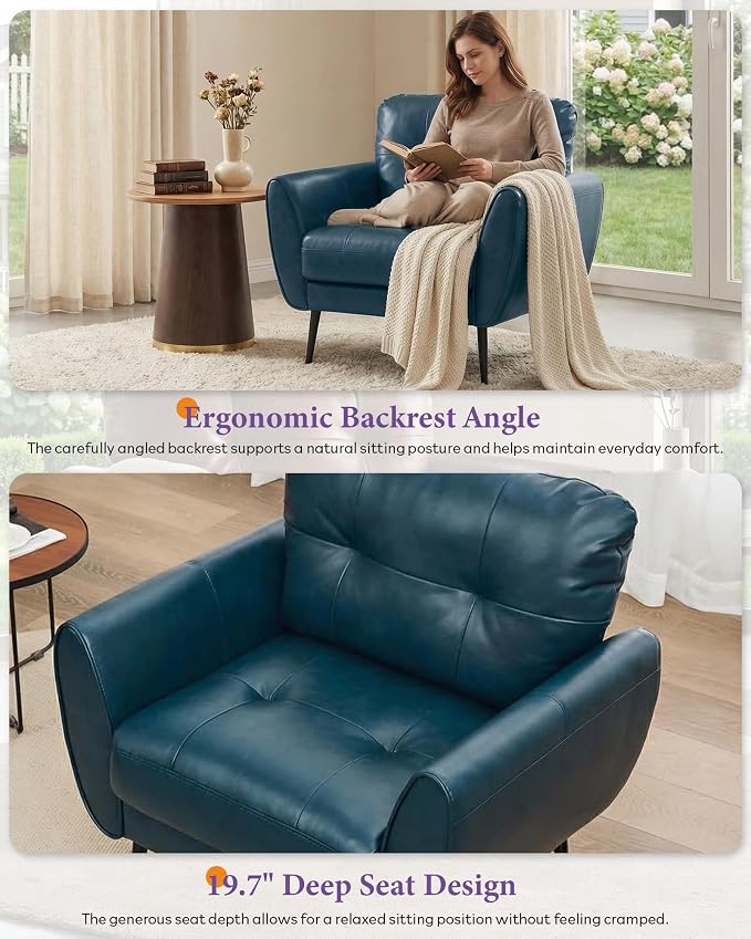 TYBOATLE Accent Chairs Set of 2, Comfy Modern Living Room Blue Faux Leather Reading Accent Chairs Tufted Mid Century Arm Chair Small Salon Chair for Office Bedroom (2, Blue)