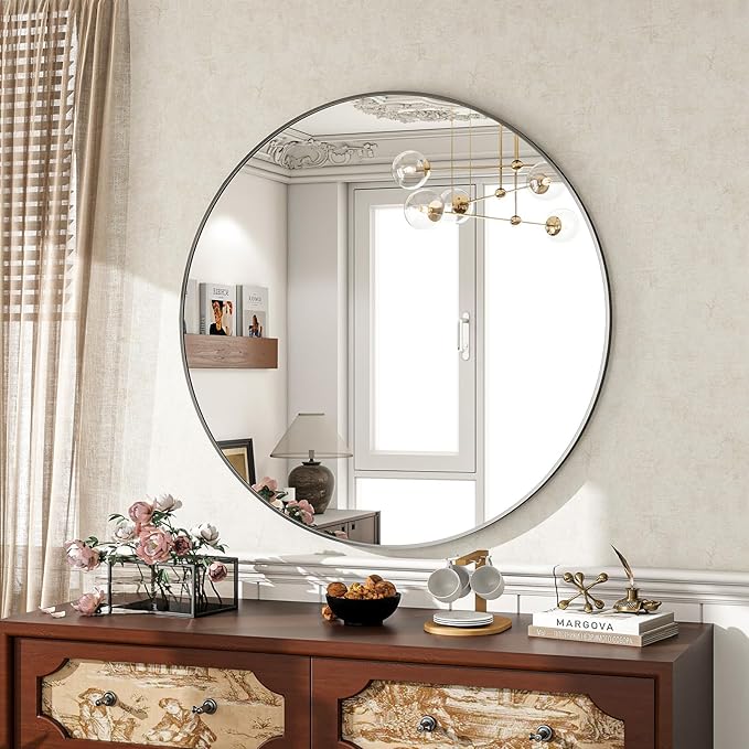 Round Mirror Wall Mounted Mirror - 24" Circle Mirror Bathroom Vanity Mirror with Aluminum Frame for Bedroom Living Room, Entryway Decor Black Mirror