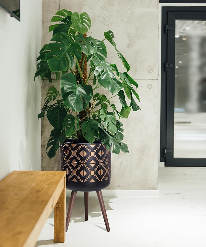 D'vine Dev 14 Inch Planter Pot with Stand, Mid-Century Tall Plant Pot with Legs for Indoor Plants, Bronze/Black, 88-G-D-6