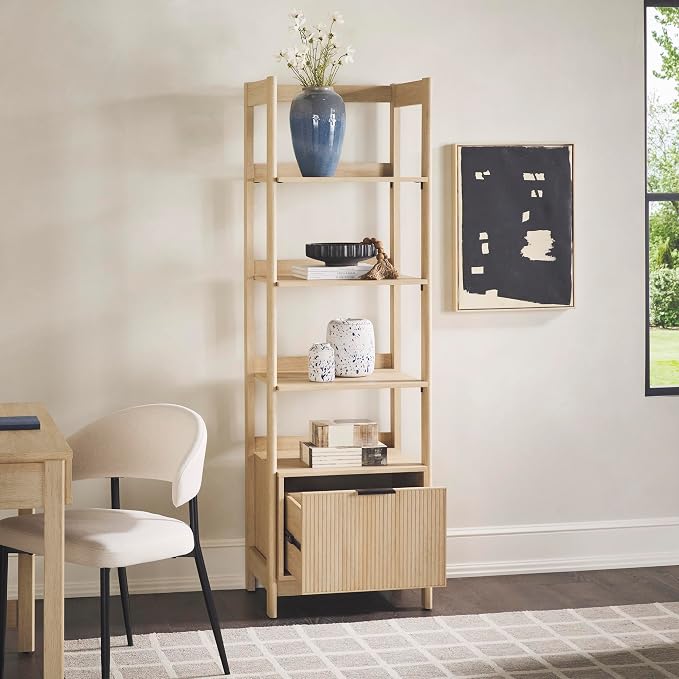 Walker Edison Transitional Reeded Narrow Open Bookshelf with Drawer on Bottom for Home Office, Living Room, Bedroom, 4-Shelf Bookcase with Bottom Storage, 22”W x 16.75”D x 70”H, Coastal Oak
