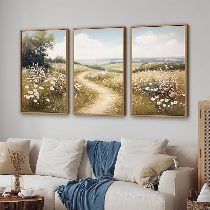 Rantodecor Rustic French Country Framed Canvas Wall Art, Vintage Flower Field Wall Decor, Calming Nature Landscape Art Paintings, Modern Wildflower Artwork for Farmhouse Bedroom Living Room 16"x24"x3