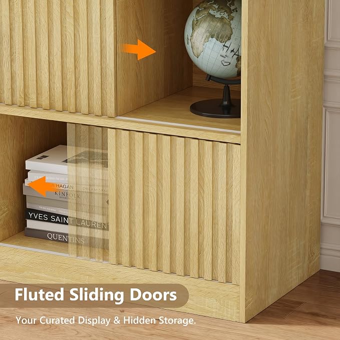 Einhomn Cube Storage Organizer with Sliding Doors, Wooden Bookshelf Storage Cabinet, 9 Cube Bookcase Organizer for Living Room Bedroom Office, Natural