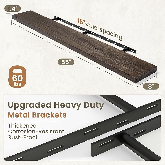 Fun Memories Solid Elm Wood Floating Shelves Set of 1-55 Inch Rustic Wall Shelves with Heavy-Duty Invisible Brackets - for Living Room, Kitchen, Bedroom, Bathroom - Walnut Finish
