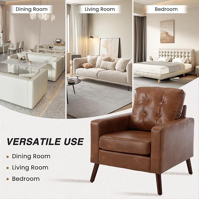 Wahson Office Chairs PU Accent Arm Chair with Tufted Back, Faux Leather Comfy Upholstered Single Sofa, Mid Century Modern Side Club Chair with Wood Legs for Reading/Living Room/Bedroom, Caramel