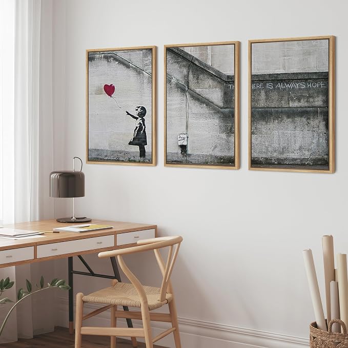 wall26 - 3 Piece Framed Canvas Wall Art - There is Always Hope - Girl and Red Heart Balloon - Street Art - Guerilla - Modern Home Art Stretched and Framed Ready to Hang - 16"x24"x3 Natural