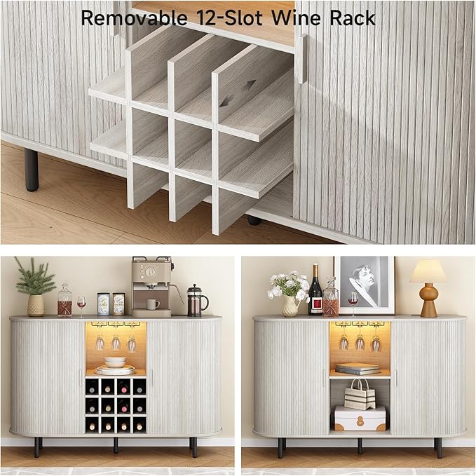 ONBRILL 55" Wine Bar Cabinet with Storage, Fluted Liquor Bar for Home, Coffee Bar Cabinet with Wine Rack and Glass Holder, Buffet Sideboard with LED Lights for Kitchen Living Dining Room Natural White