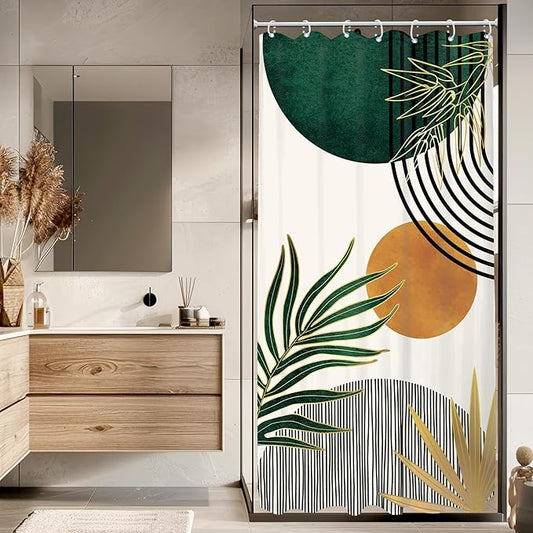 KOMLLEX Small Stall Mid Century Green Boho Shower Curtain 36Wx72L Inches Rv Half Abstract Modern Shower Curtains for Bathroom Minimalist Leaf Arch Sun Fabric Liner Waterproof Polyester 7 Pack Hooks