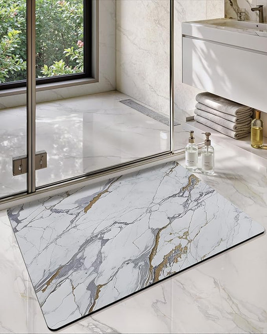 Color&Geometry Gray and Gold Marble-Patterned Bathroom Rug, Ultra-Thin, Non Slip, Washable and Quick Dry Shower Mat, 17"x30" Small Luxury Shower Mat for Bathroom Floor/Outside Shower