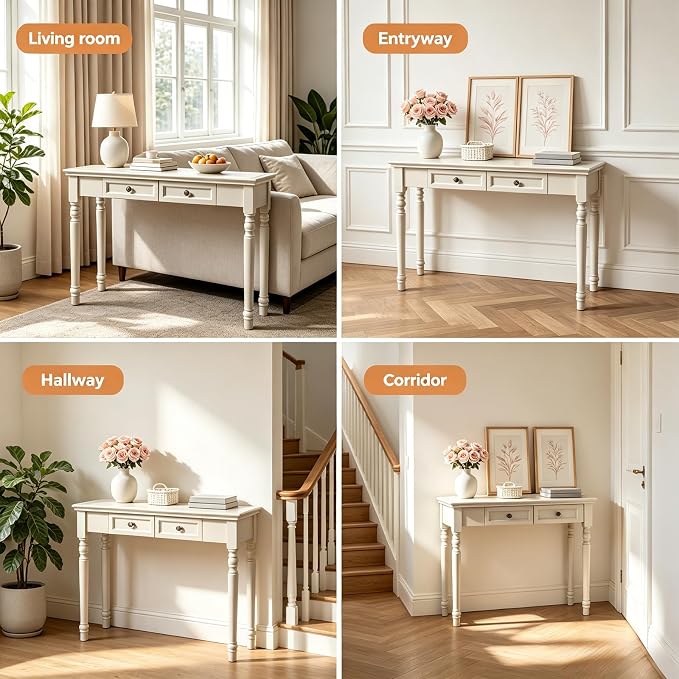 ADORZ Narrow Writing Desk with Drawers, 47 Inch French Country Solid Wood Desk for Home Office, Study Workspace or Bedroom, White
