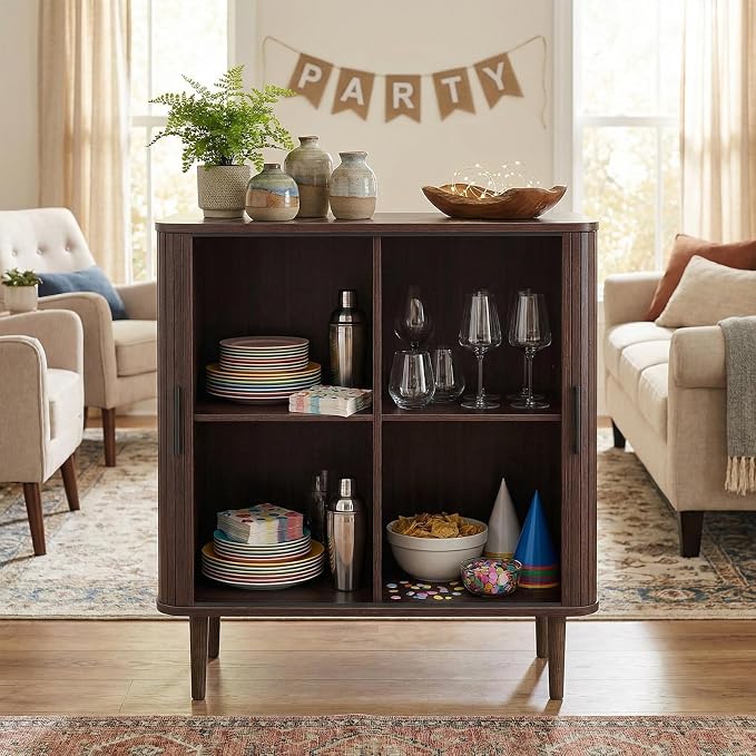 AKMAKM 35" Fluted Accent Buffet Cabinet, Walnut Small Storage Sideboard with Sliding Door, Mid Century Modern Credenza with Solid Wood Leg, Wine Coffee Bar Console Table for Kitchen, Entryway, Living