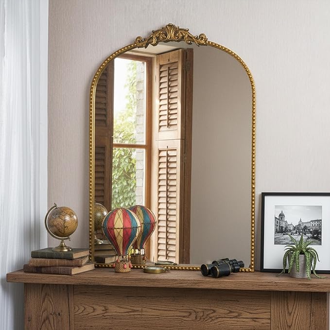 ZIYOO Vintage Baroque Arched Wall Mirror 36"x24", Gold Ornate Antique French Traditional Decor Mirror for Entryway Living Room Fireplace (Gold Metal,36" x 24")